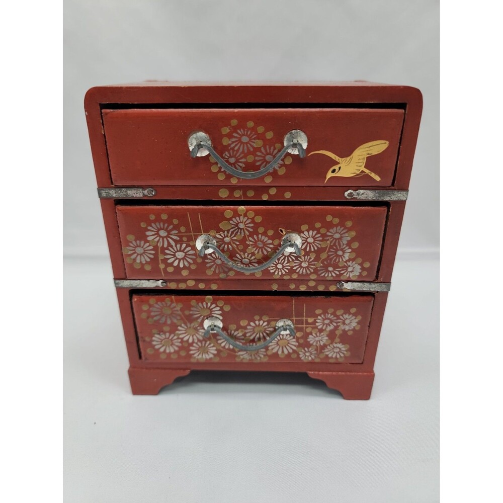 Vintage Japanese Hand Painted Red Lacquered Chest Of Drawers Jewelry Box 2.5×5.5